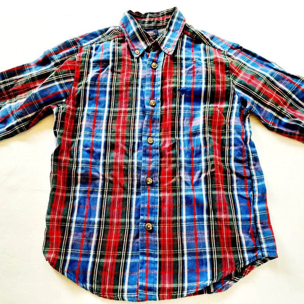 Wrangler Boys Shirt Button Down Blue Red Green Long Sleeve Plaid 6-7
